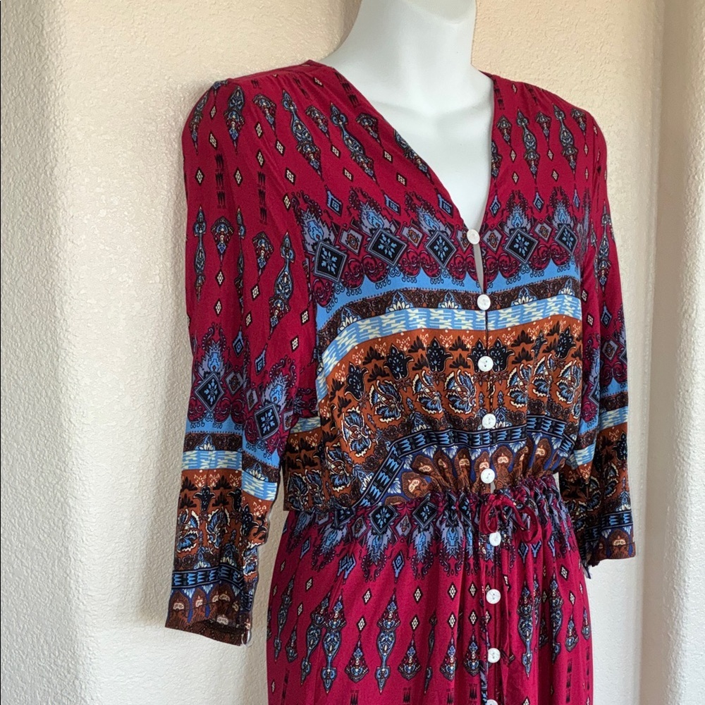 R. VIVIMOS Dress, Women's, M, EUC, Red & Blue Maxi, Buttons, Drawstring Waist. - Picture 5 of 15